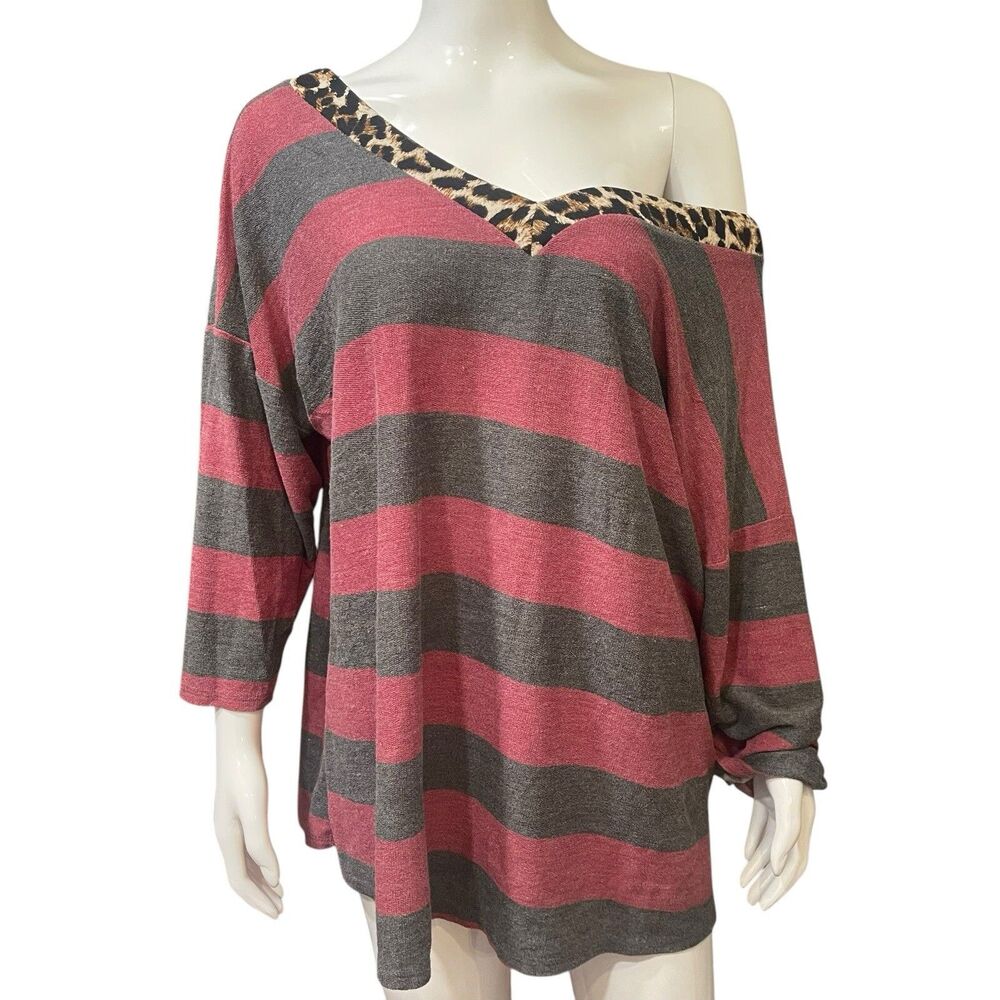 Now N Forever Women's Top Shirt Tee 3/4 Sleeve Stripes Leopard 2X XXL